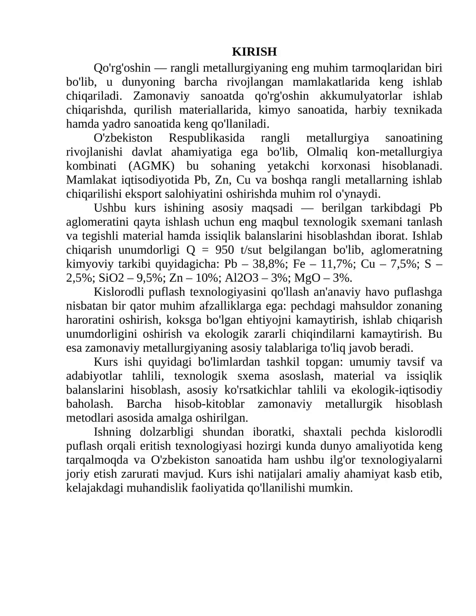 "Shaxtali pechda Pb aglomeratini kislorodli puflash orqali eritish texnologiyasini tanlash va hisoblash" 4