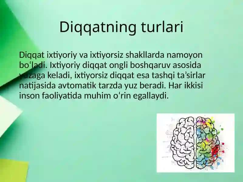 Diqqat, sezgi, idrok, xayolning psixikasi va ularning faoliyatida g'iro'li 4