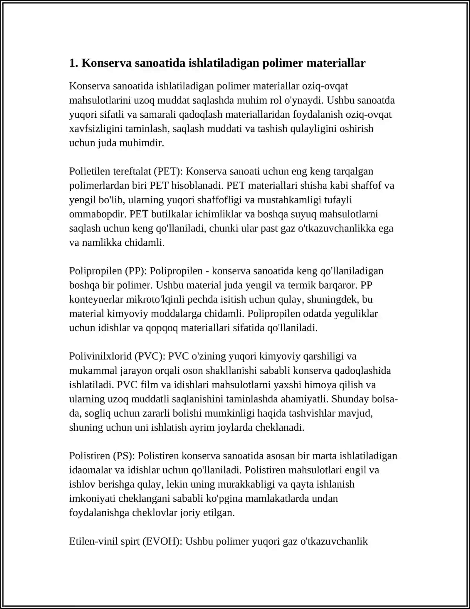 KONSERVA SANOATIDA ISHLATILADIGAN TARALARNING TURLARI. POLIMER TARALAR VA ULARNING SIFATINI ANIQLASH 4