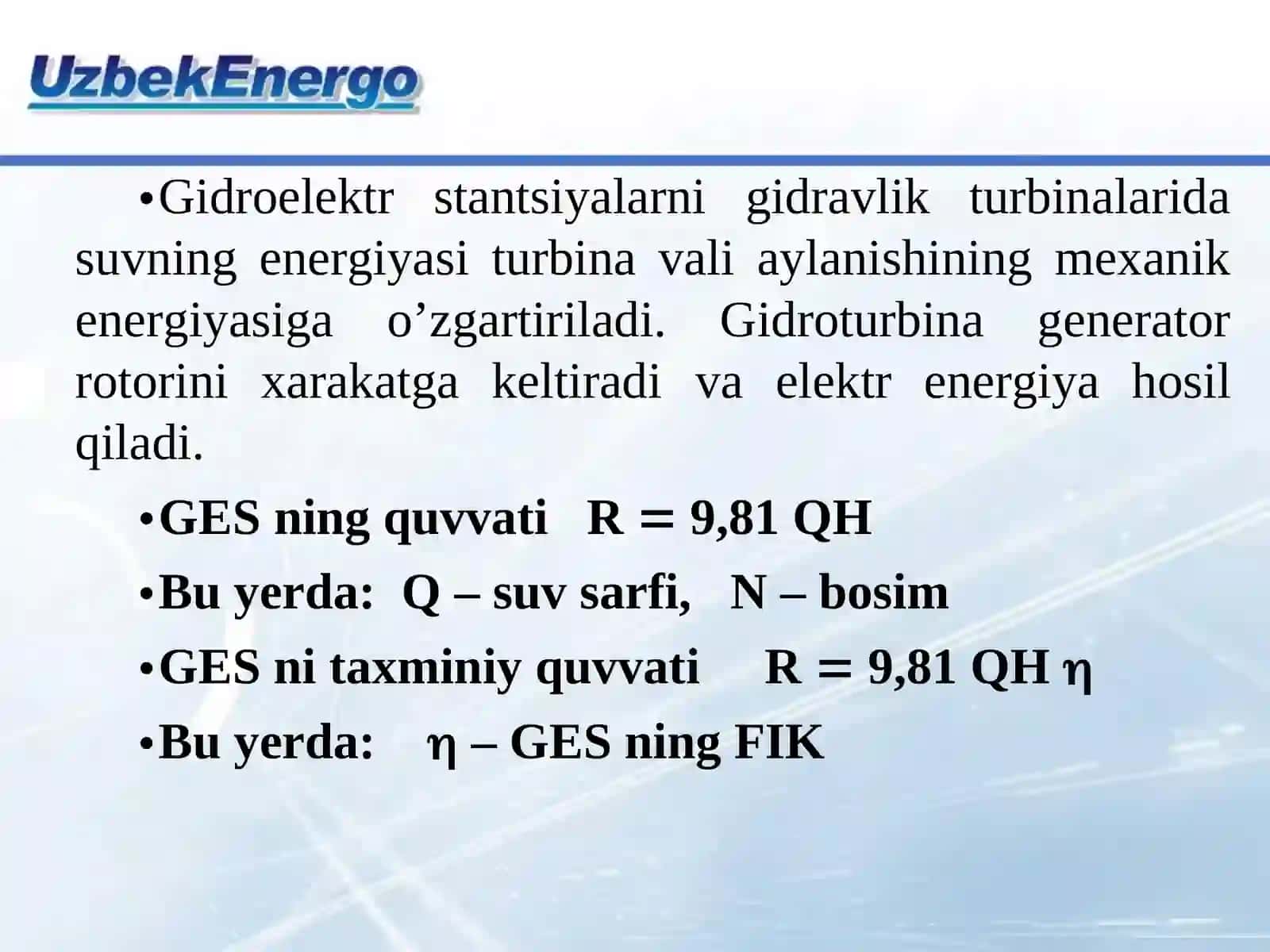 Elektr energiyani ishlab chiqarish uzatish va taqsimlash fanidan 5-Ma’ruza mashg’uloti 4