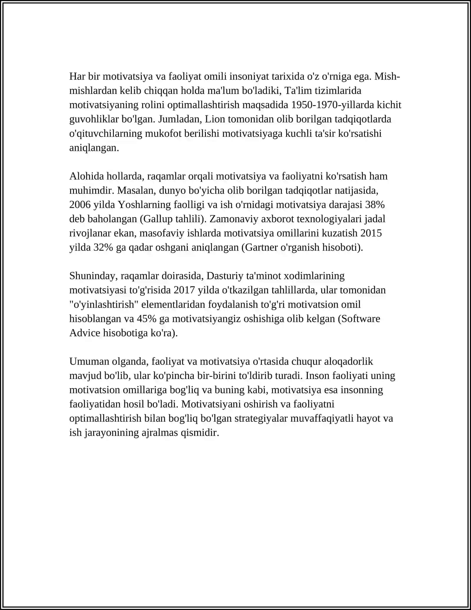 MUSTAQIL ISH Mavzu: FAOLIYAT VA MOTIVATSIYA 4