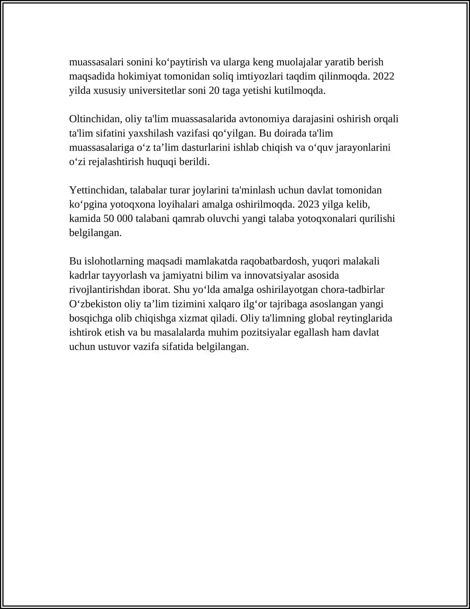 Oʻzbekistonda oliy ta'lim tizimidagi oʻzgarishlar, islohatlar va uning istiqbollari 4