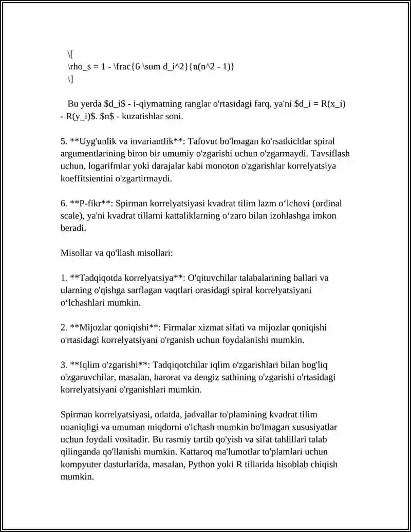 SPIRMAN KORRELYATSIYASINI HISOBLASH JARAYONI VA FORMULASI 4