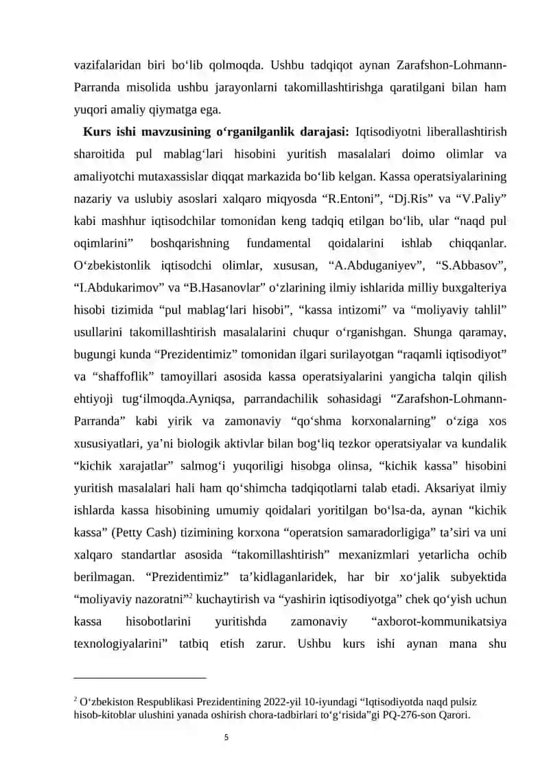 Kichik kassa va kassa hisobotlari “Zarafshon-Lohmann-Parranda” MCHJ Qo‘shma korxona misolida 4