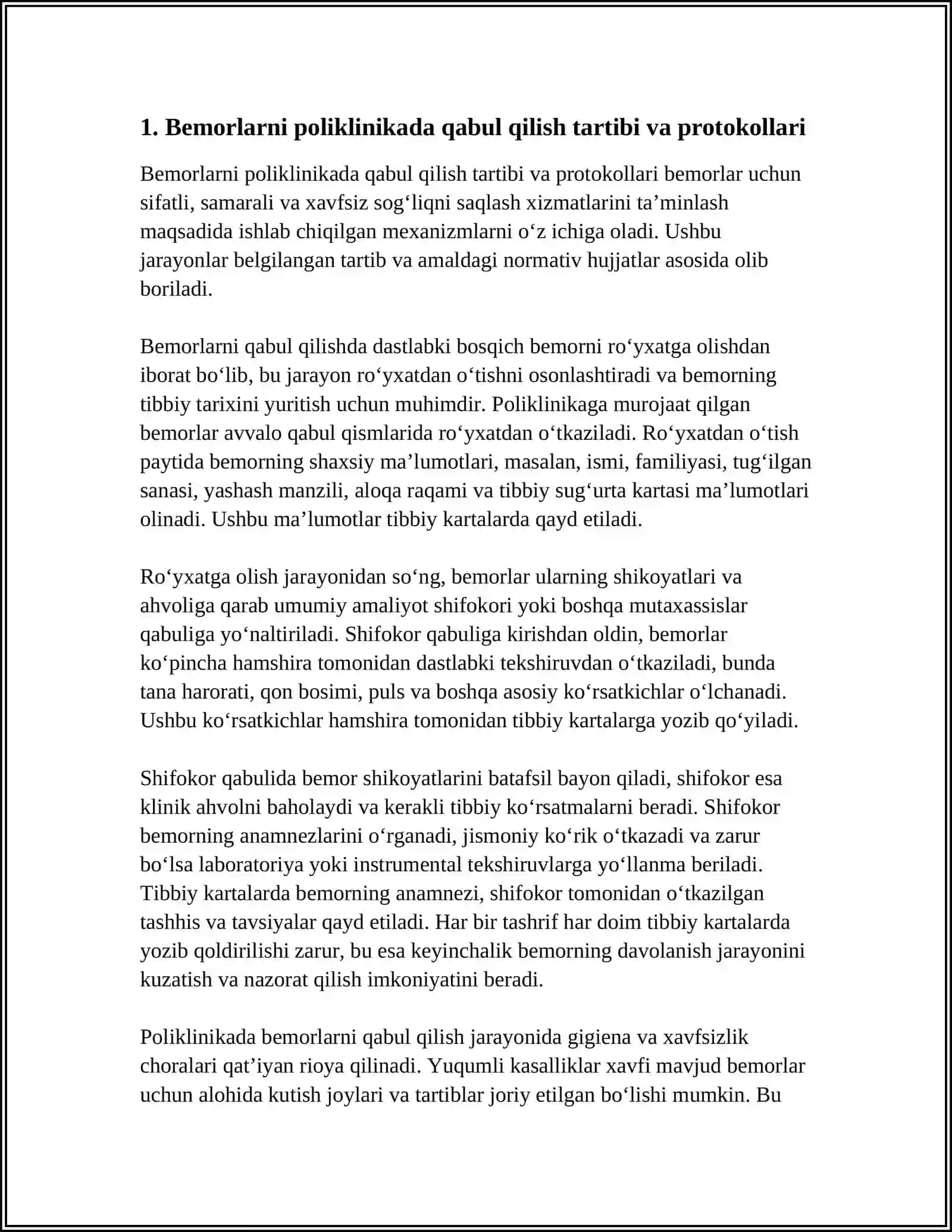 POLIKLINIKADA BEMORLARNI QABUL QILISH, TIBBIY KARTALAR BILAN ISHLASH, PROFILAKTIK KO’RUVLARNI O’TKAZISH VA BEMORLAR UYIGA TASHRIF BUYURISH 4