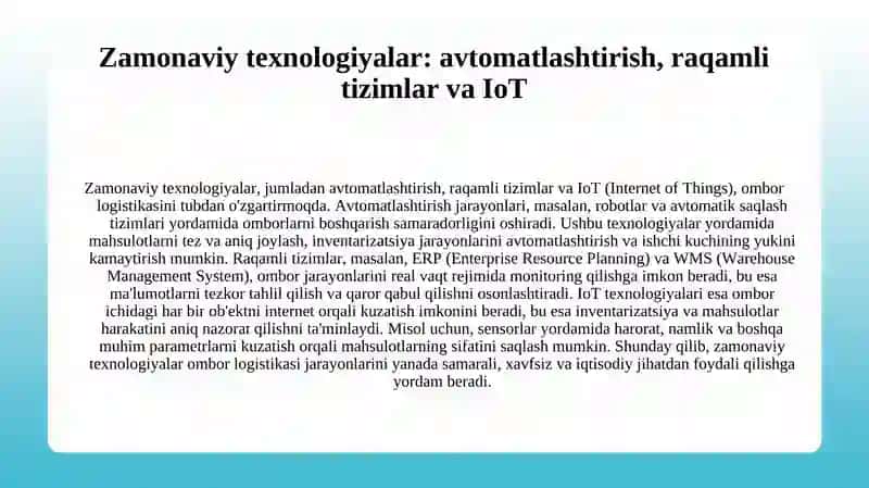 Omborxona logistikasi va zamonaviy ombor texnologiyasi 4