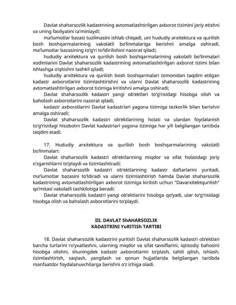Davlat shaharsozlik kadastrini yuritish tartibi NIZOM 4