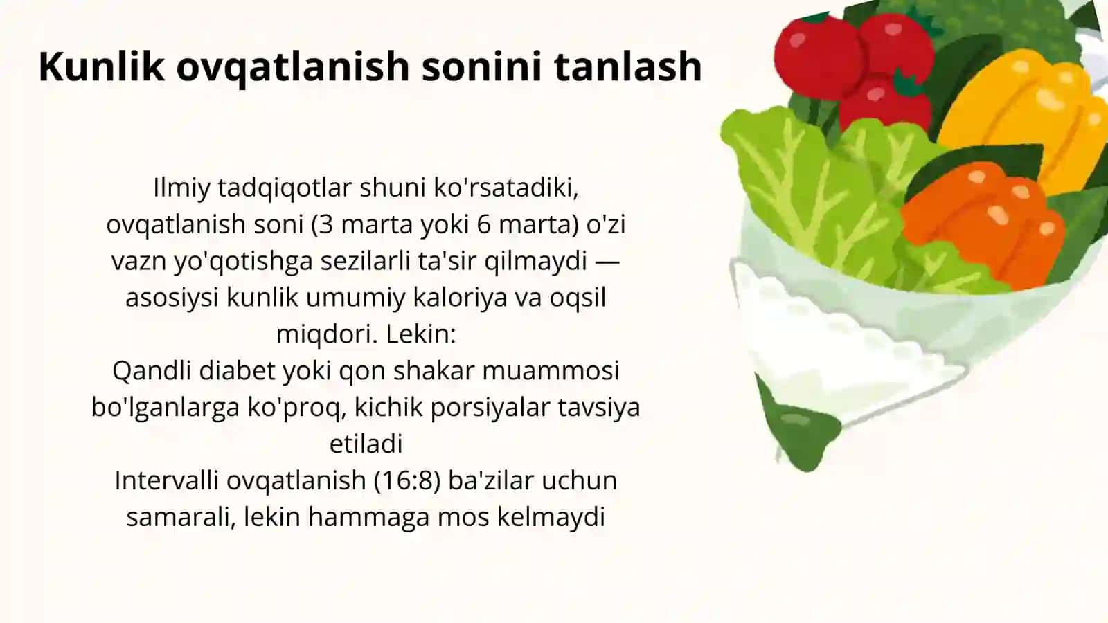 Menyu taqsimoti bo‘yicha shaxsiy ovqatlanishga baho berish — Tibbiyot taqdimoti 4