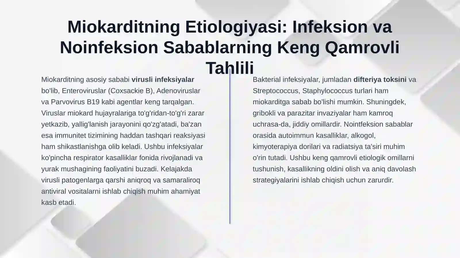 Miokardit.Perikardit. Diagnostika.Etiologiyasi va patogenezi haqida umumiy tushuncha klinikasi davolash va profilaktikasi 4