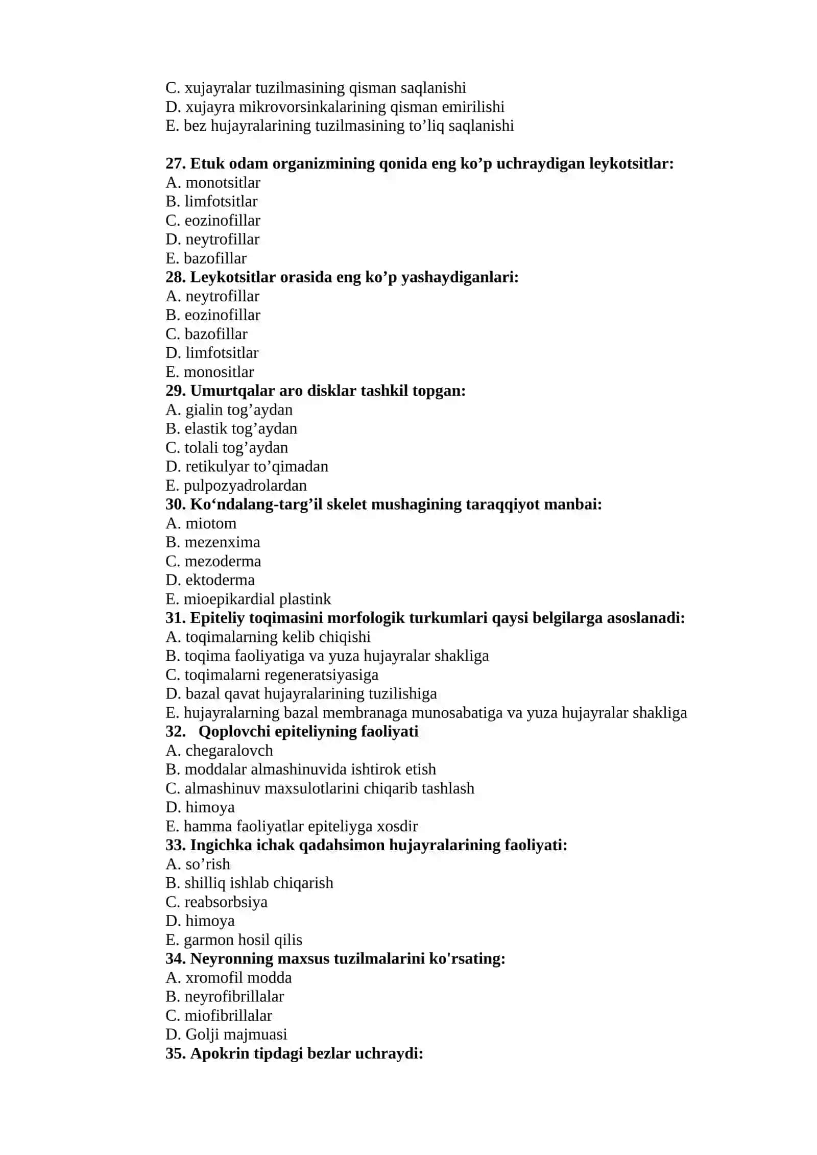 Bazofil strukturalar bo‘yicha test savollari 4