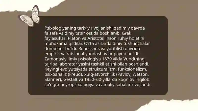 Psixologiya fanining predmeti va rivojlanish tarixi, sohalari va tadqiqot metodlari 4