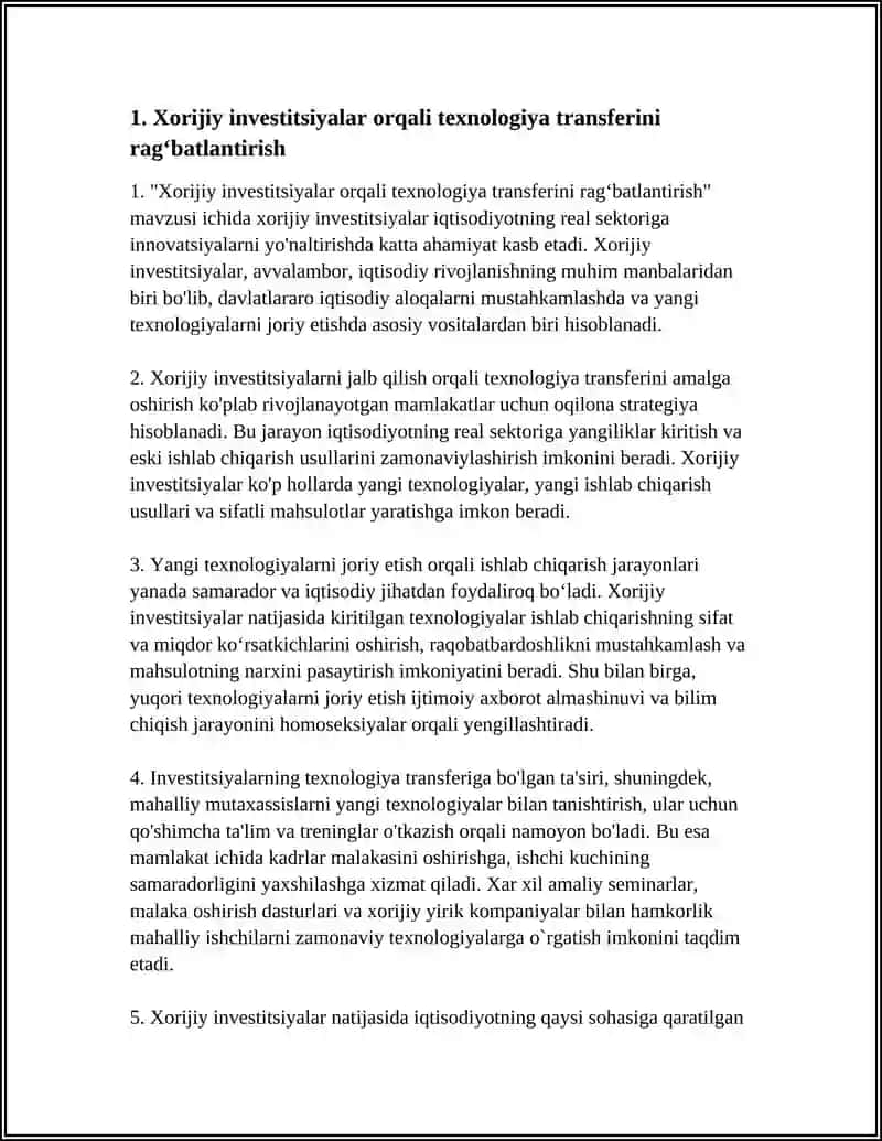 XORIJIY INVESTITSIYA IQTISIDIYOTNING REAL SEKTORIGA INNOVATSIYALARNI YOʻNALTIRISH 4