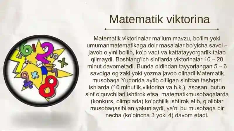 "Matematika viktorina"larni tashkil etish va o'tkazish usullari 4