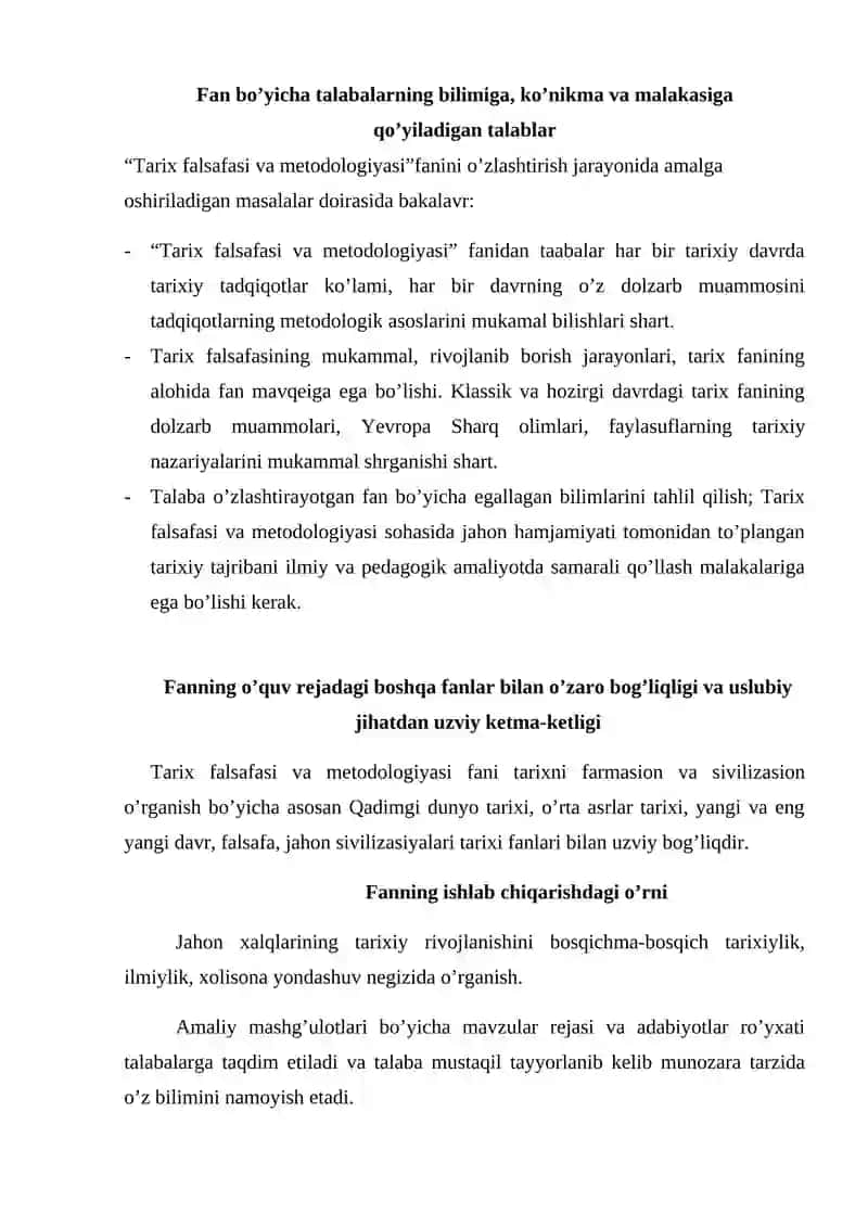 "Tarix falsafasi va metodologiyasi" fanining ISHCHI O’QUV DASTURI 4