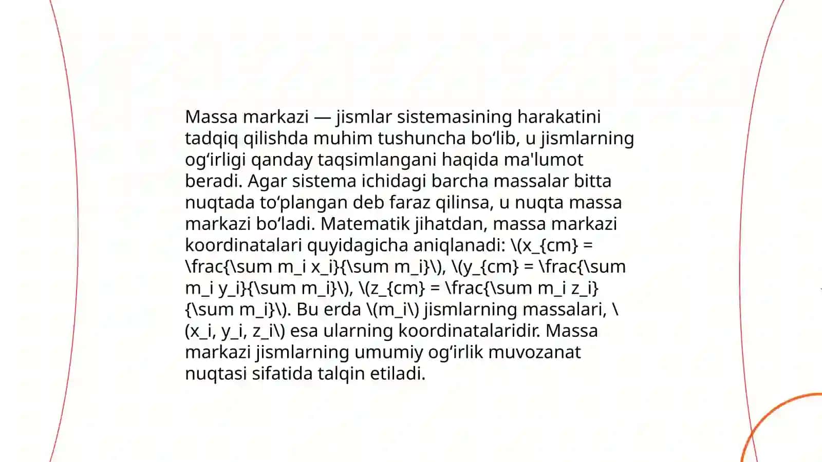 Moddiy nuqtalar sistemasining harakati. Massa markazi 4