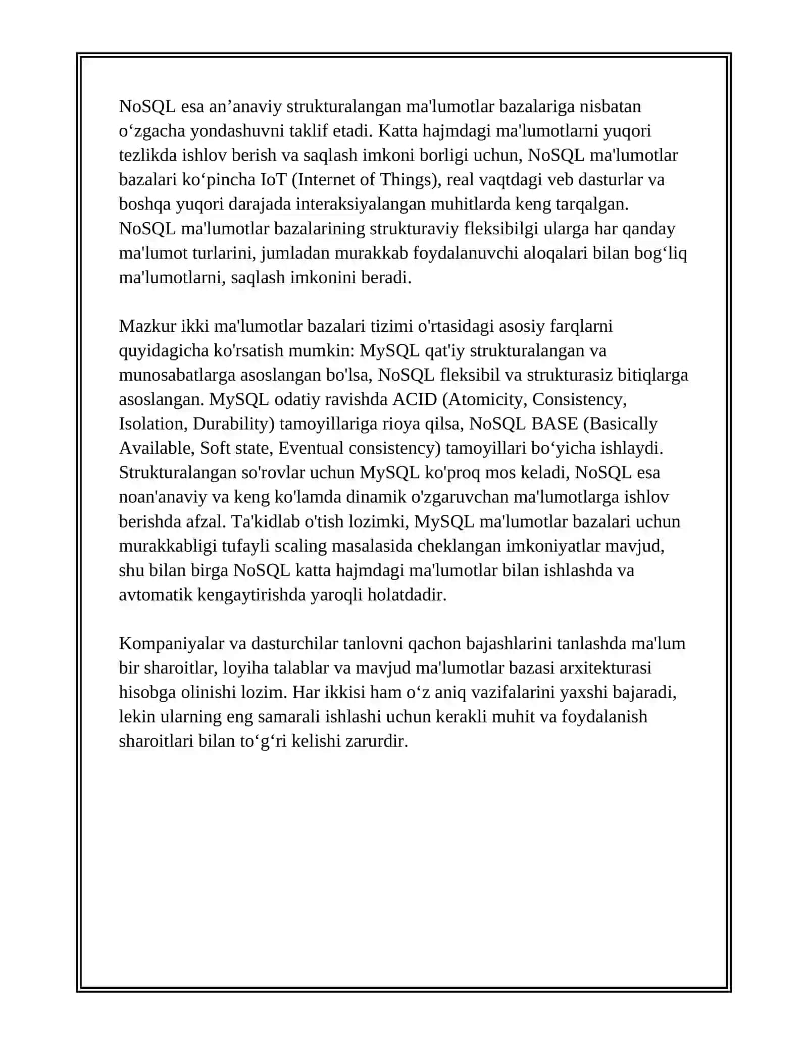 NOSQL VA MYSQL BO'YICHA TAHLILIY TAQDIMOT 4