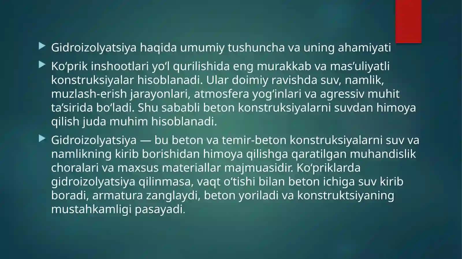 AVTOMOBIL YO’LLARIDAGI SUN’IY INSHOATLAR FANIDAN TAYYORLAGAN TAQDIMOTI 4