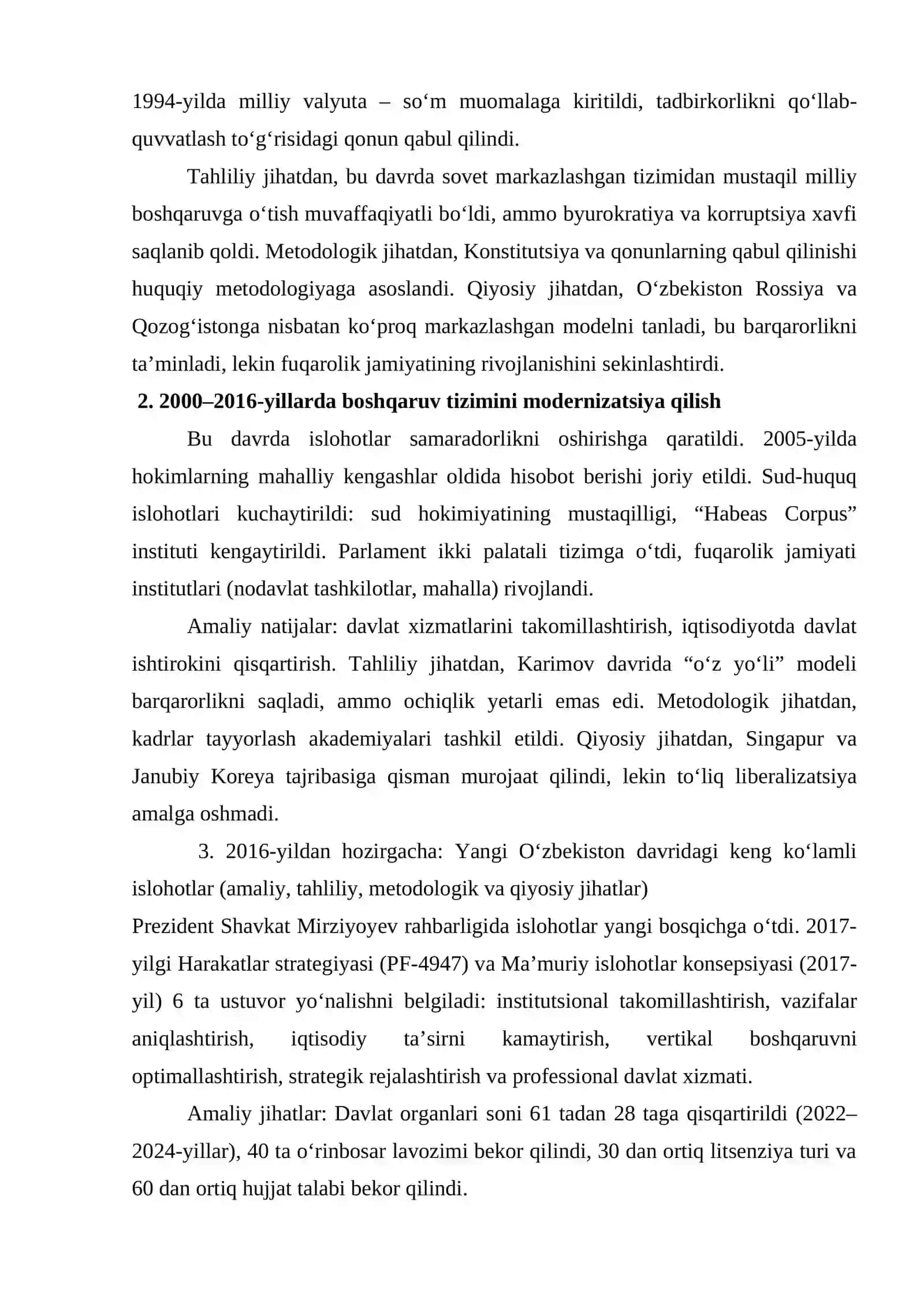 MUSTAQILLIK YILLARIDA DAVLAT BOSHQARUVI TIZIMIDA AMALGA OSHIRILGAN ISLOHOTLAR 4