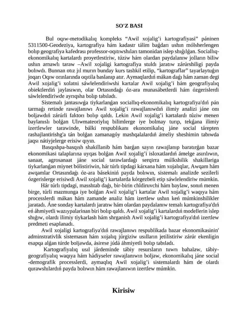 AWIL XOJALIG’I KARTOGRAFIYASI páninen O’QÍW-METODIKALÍQ KOMPLEKS 4