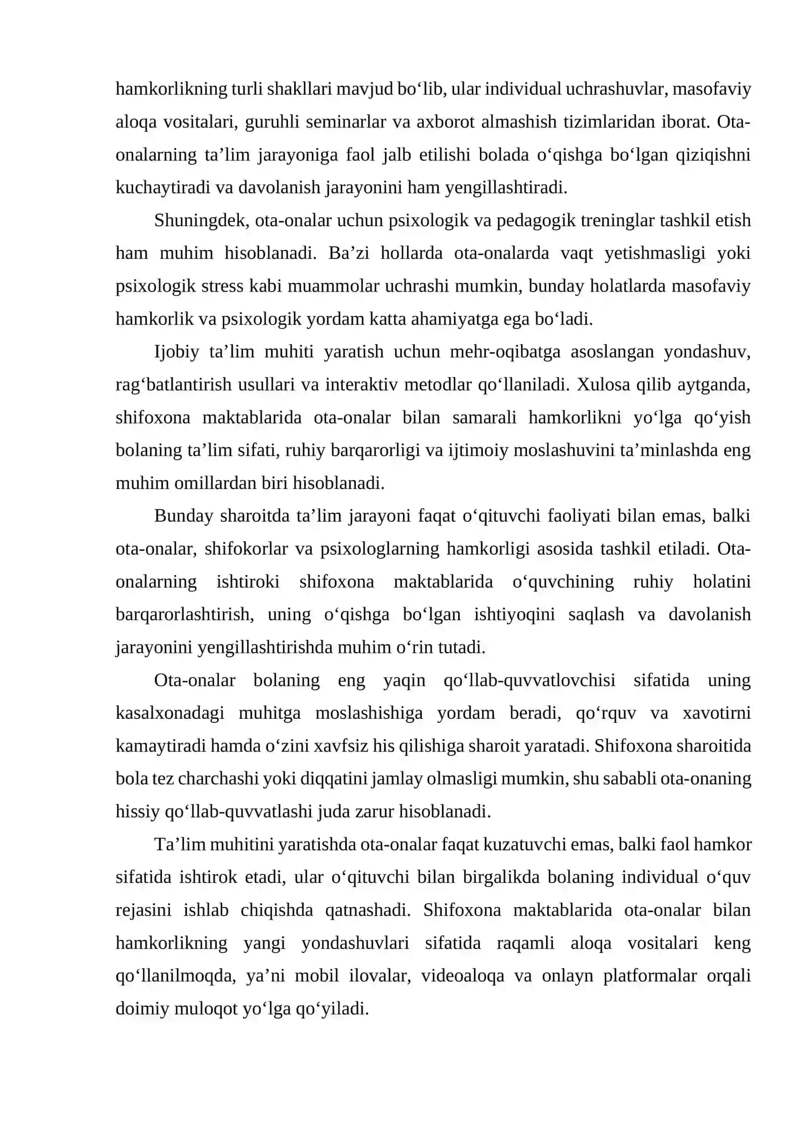 SHIFOXONALARDAGI MAKTABLARDA TA’LIM MUXITINI YARATISHDA OTA ONALARNING ISHTIROKI VA ULAR BILAN XAMKORLIK MUNOSABATINI O‘RNATISH TAMOYILLARI 4