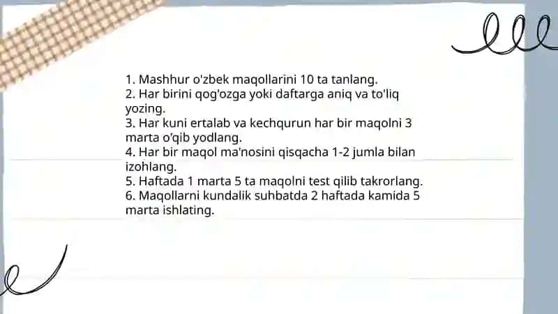 O'zbek xalq maqollaridan namunalar yozish va yodlash 4