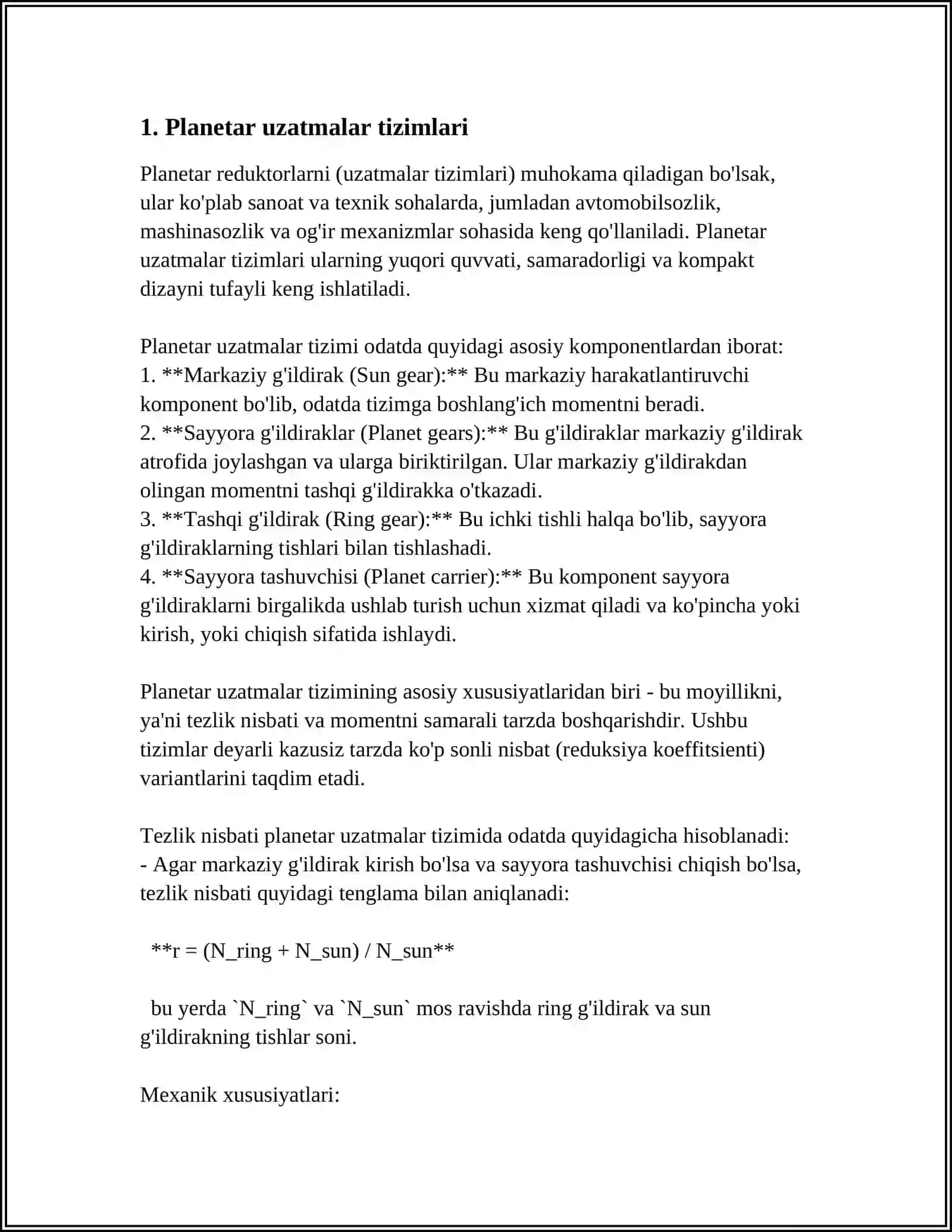 PLANETAR VA TOʻLKINSIMON UZATMALAR, HAMDA REDUKTORLAR HAQIDA UMUMIY MA'LUMOTLAR 4