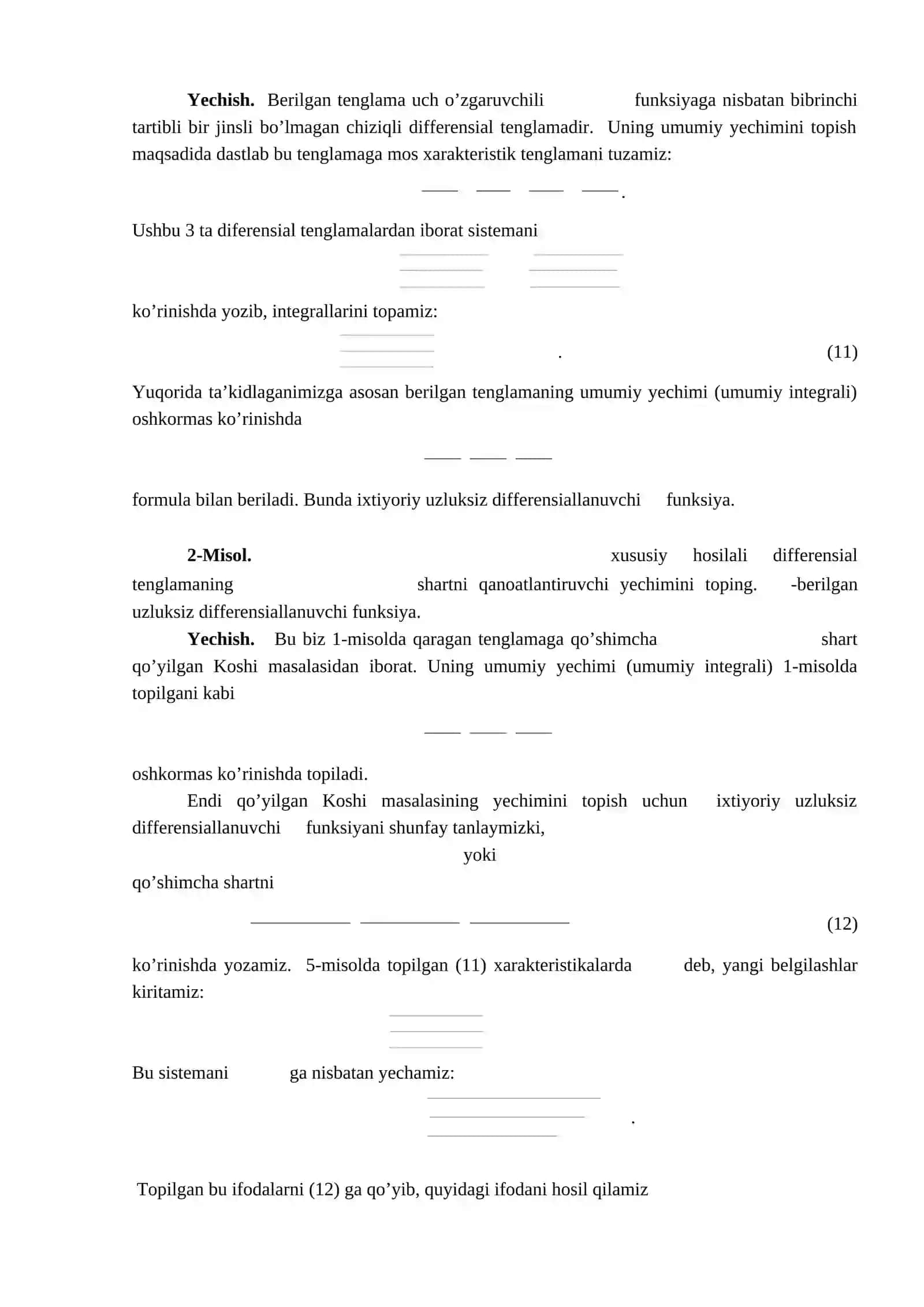 Mavjudlik va yagonalik teoremasi. Xarakteristika usuli. Koshi –Kovalevskaya  teoremasi.  Koshi maslasining geometrik  talqini 4