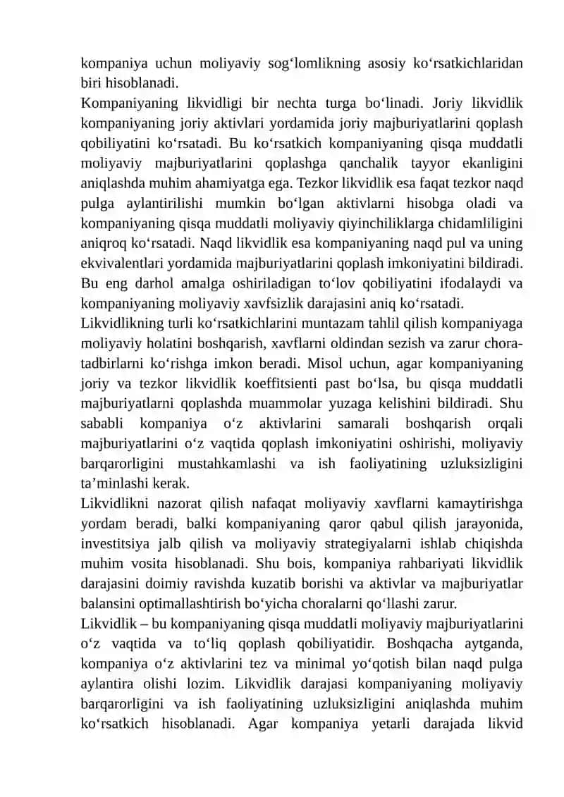 Likvidlik va To'lov Qobiliyatini Baholash Usullari 4