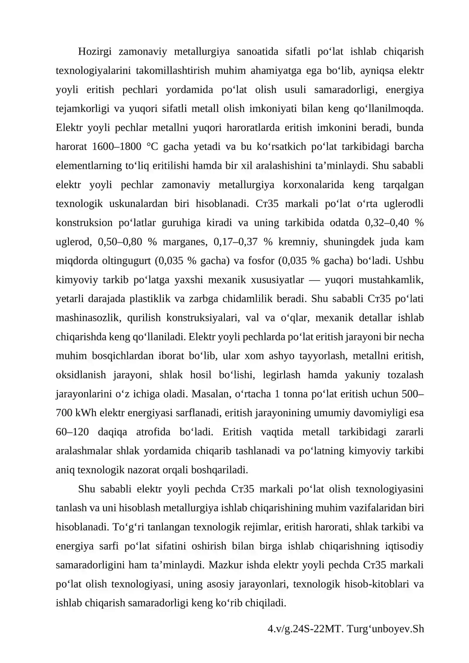 Elektr yoyli po‘lat eritish pechida Cт35 markali polat olish texnologiyasini tanlash va hisoblash 4
