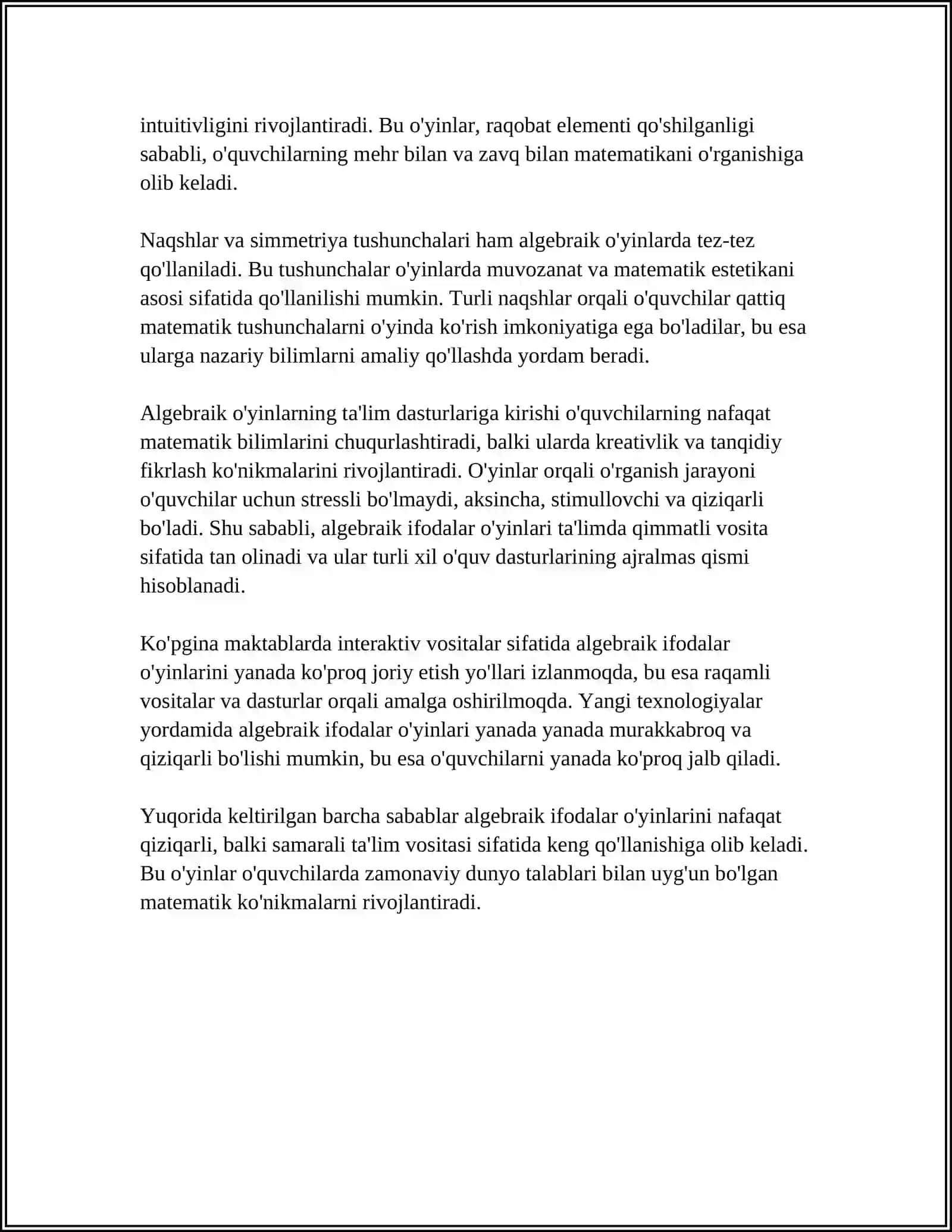 Algebraik ifodalar o'yinlari 4