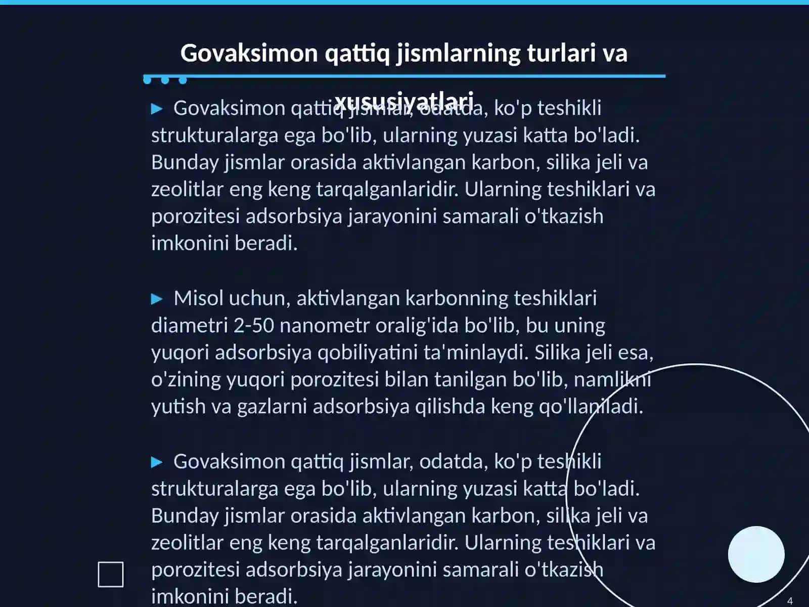 Gaz,bug yoki suyuqlikni govaksimon qattiq jismlarning yuzasi boʻylab yutulishida adsorbsiya jarayoni 4
