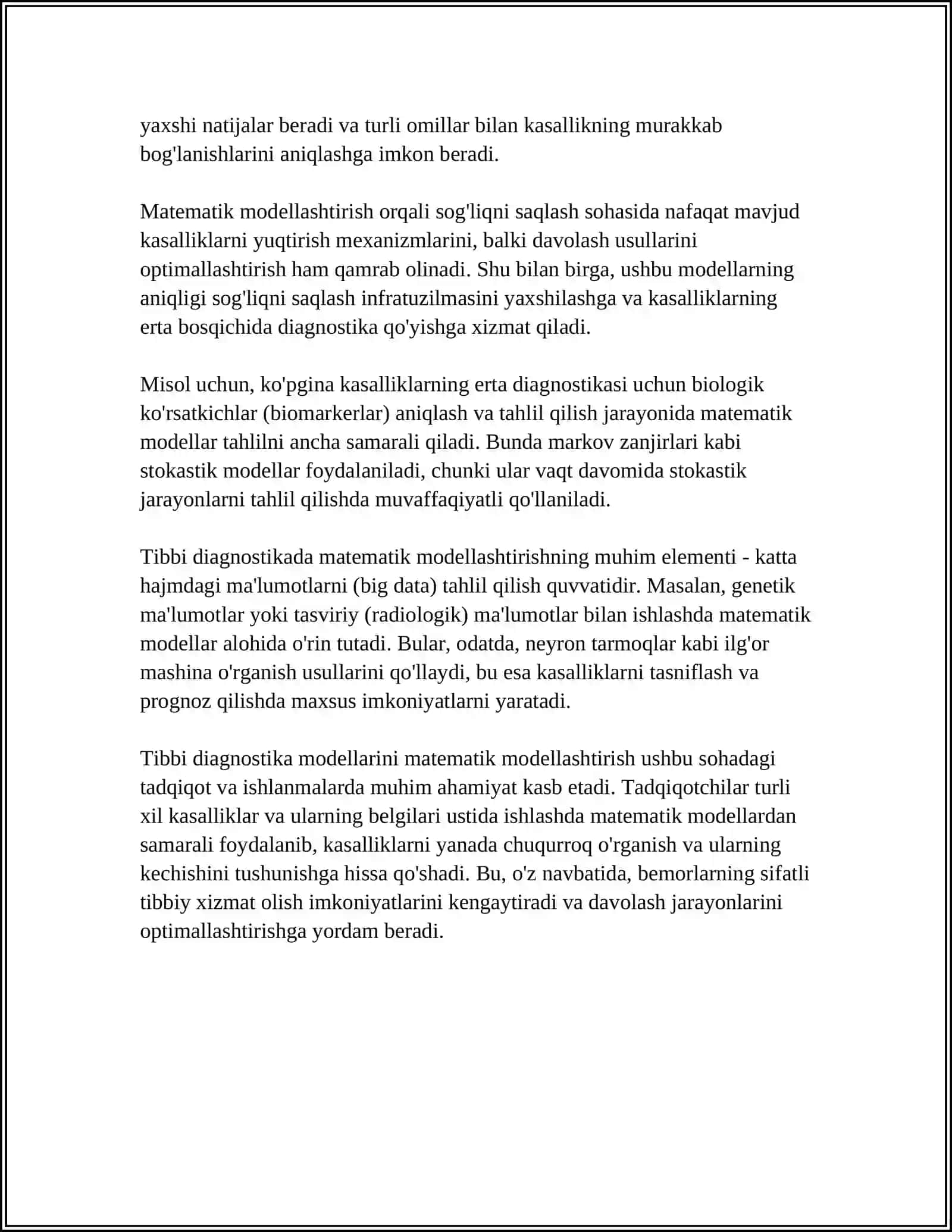 TIBBIY-BIOLOGIK MASALALARNI YECHISH ALGORITMLARINI MATEMATIK MODELLASHTIRISH 4