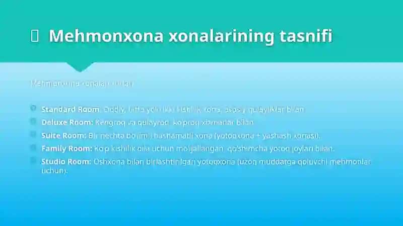 Mehmonxona faoliyatida xonalar bo‘limi va uning tuzilishi 4