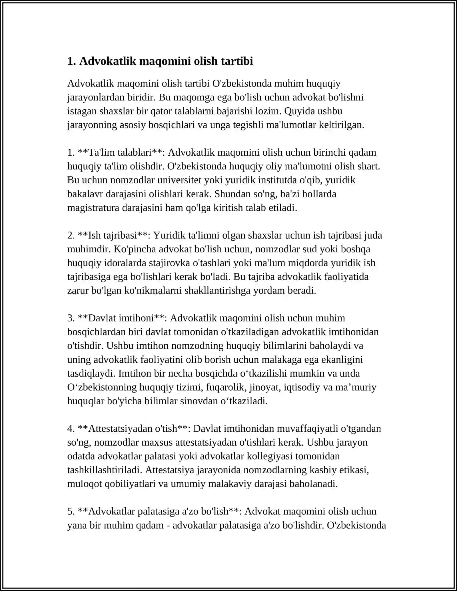 ADVOKATLIK MAQOMINI OLISH, LITSENZIYA BERISH, UNING BEKOR QILINISHI ASOSLARI VA ADVOKATLIK FAOLIYATI KAFOLATLARI 4