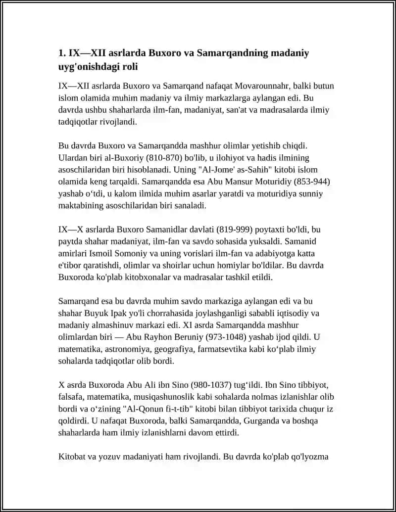 IX-XII ASRLARDA MAMLAKATIMIZ HUDUDIDA ROY BERGAN MADANIY UYG'ONISH BUYUK ALLOMALARIMIZNI QOSHGAN HISSASI 4