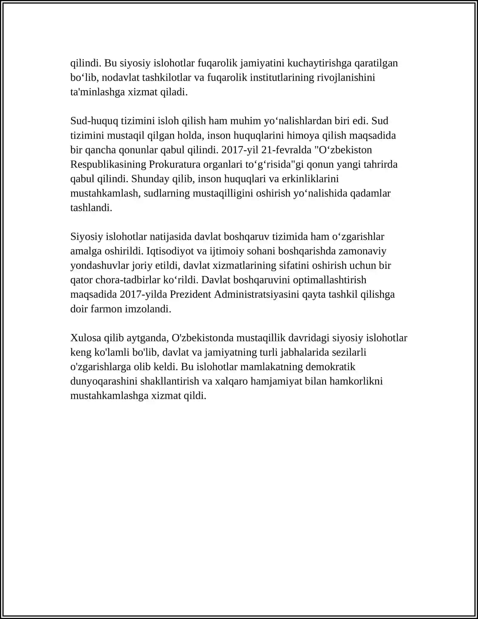 MUSTAQIL ISH Mavzu: OʻZBEKISTONDA SIYOSIY ISLOHOTLARNING BOSHLANISHI 4