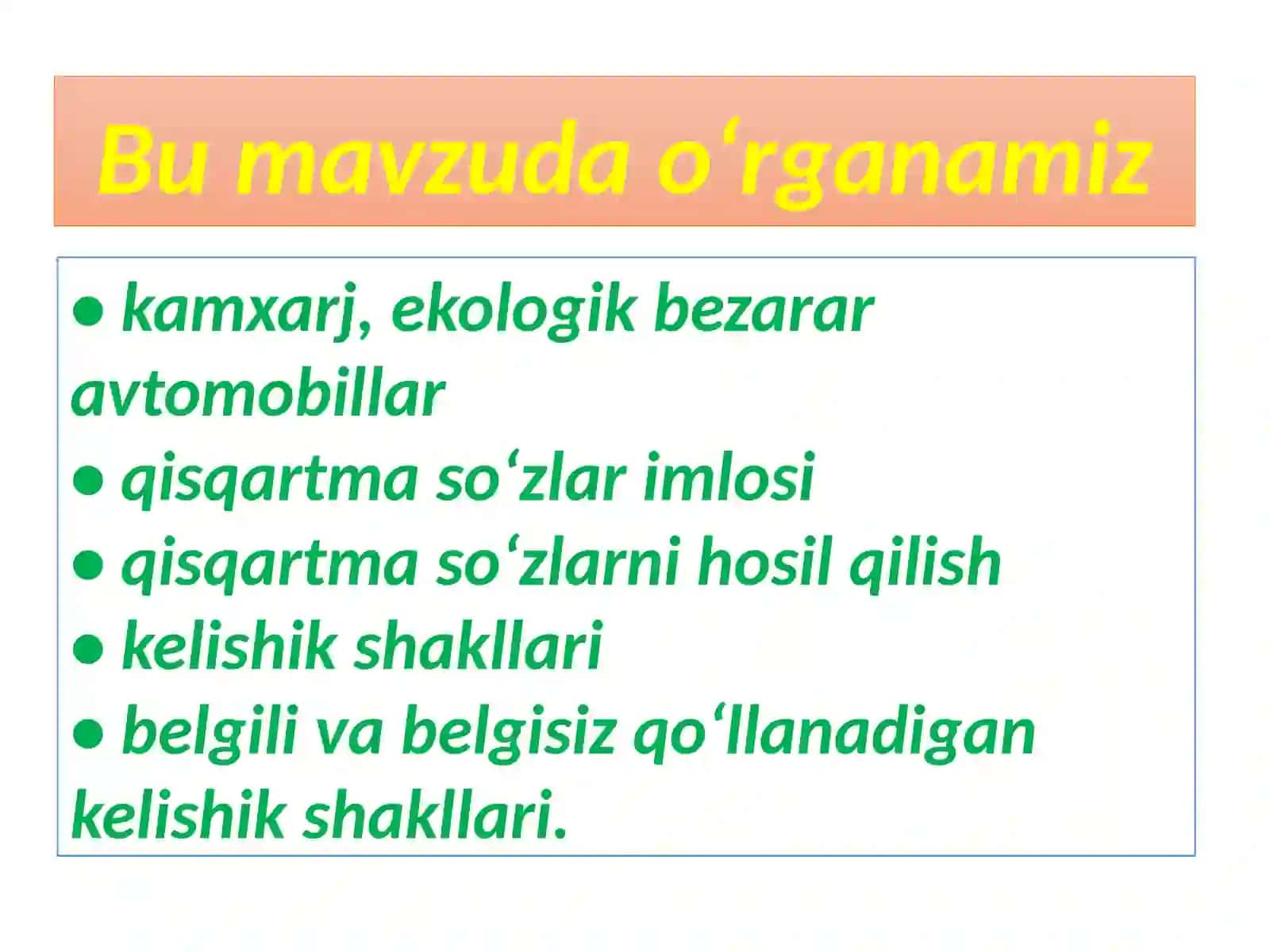 Avtomobil rusumlarini ifodalovchi nomlar, ularning talaffuzi va imlosi. Qisqartma soʻzlar imlosi. Audiomatn 4