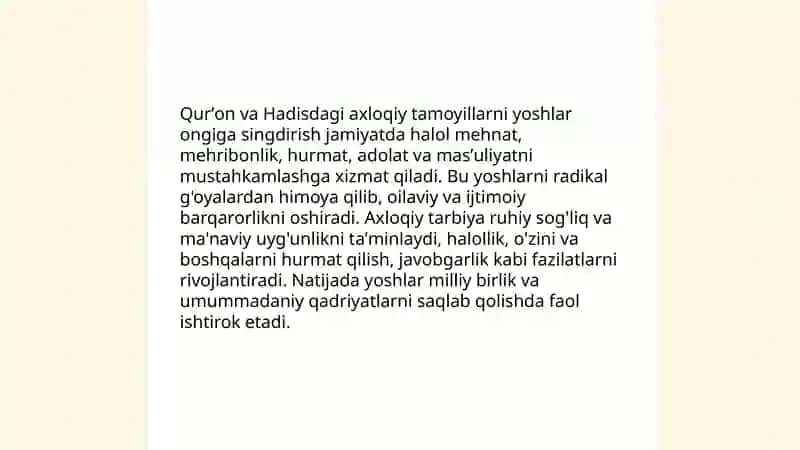 O'zbekiston yoshlarining diniy manbalardagi axloqiy tarbiyaga oid g'oyalarni o'rganishning ahamiyati 4