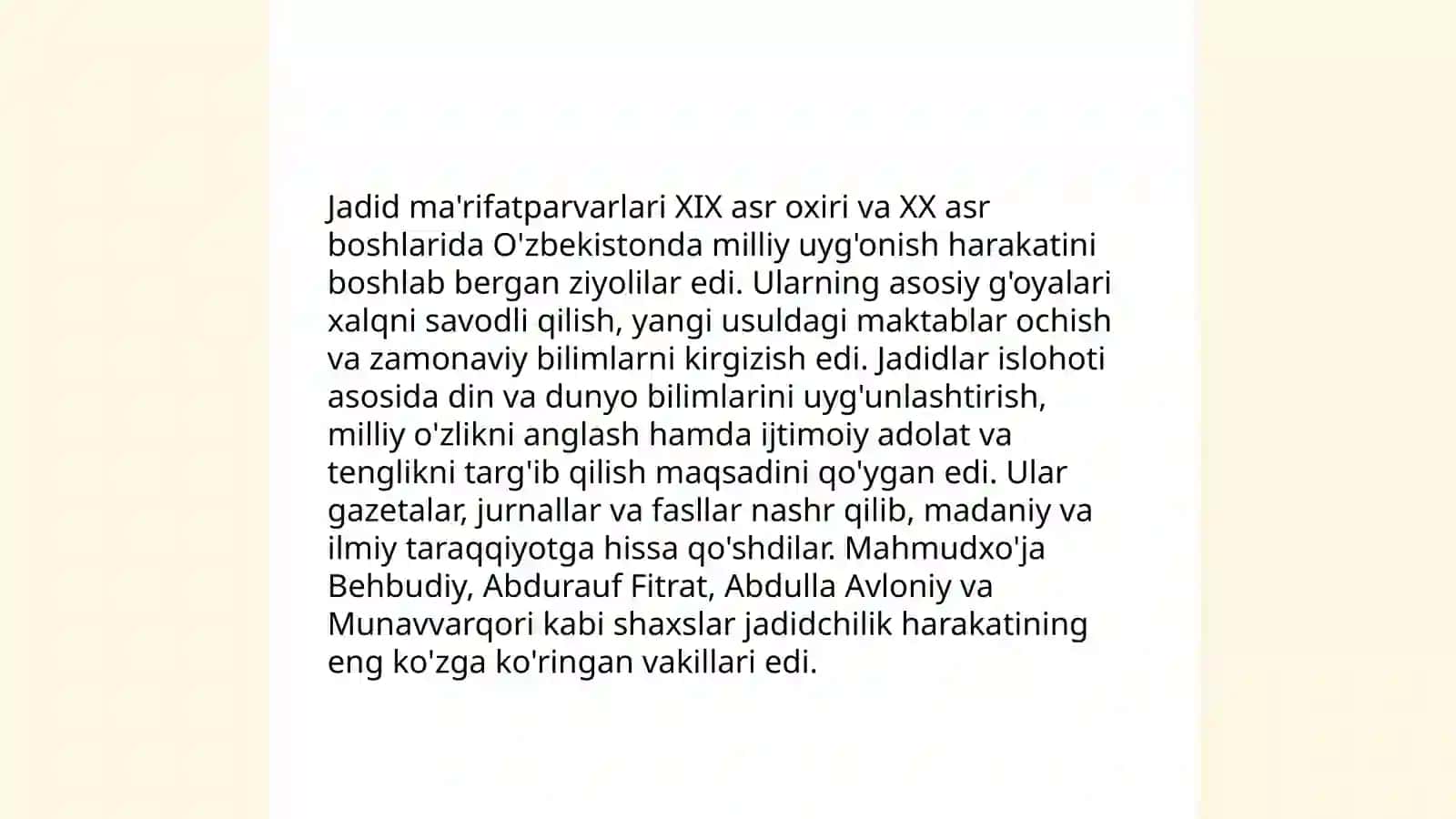 Jadid ma'rifatparvarlarining oʻlka ijtimoiy-ma'naviy hayotida tutgan oʻrni va faoliyati 4