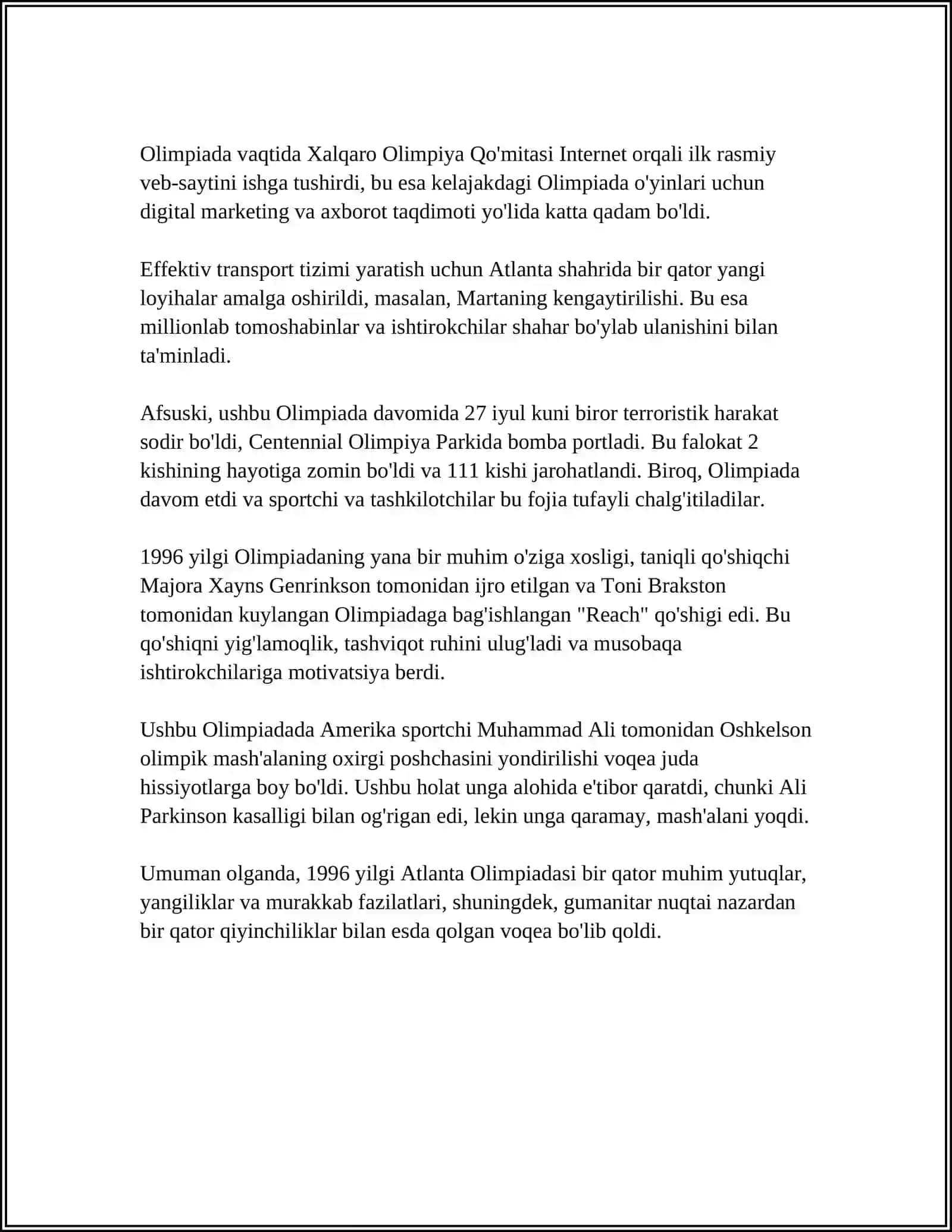 OLIMPIADA OʻYINLARINING XUSUSIYATLARI 1996YILDAN XOZIRGI KUNGACHA 4