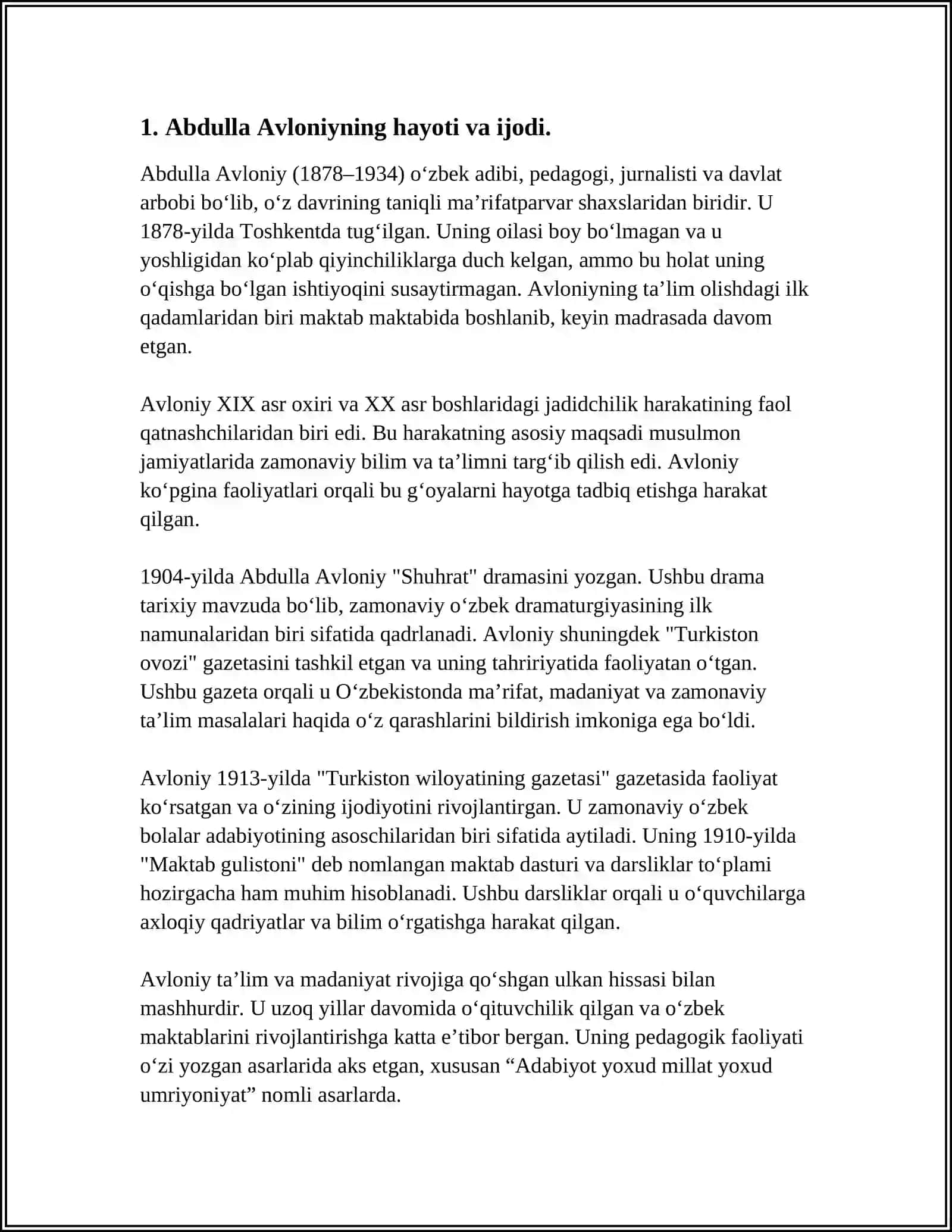 ABDULLA AVLONIYNING KOMIL INSON HAQIDAGI QARASHLARI MAVZUSIDA ESSE TAYYORLASH 4