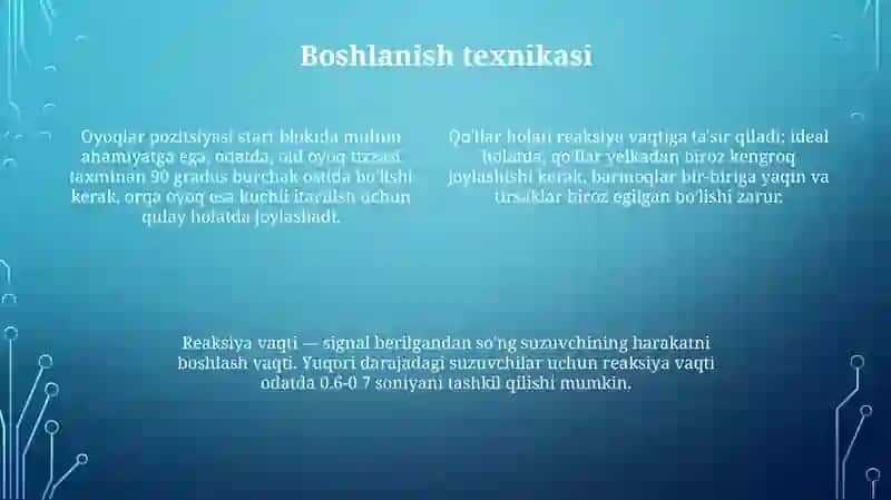 Estafeta davomida start va burulishlarni bajarishni takomillashtirish (suzish) 4
