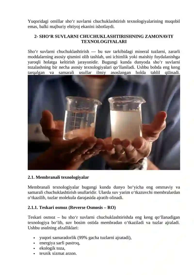 O‘ZBEKISTON SHAROITIDA SHO‘R SUVLARNI CHUCHUKLASHTIRISH TЕXNOLOGIYALARI: MUAMMO, IMKONIYATLAR VA INNOVATSION YECHIMLAR 4