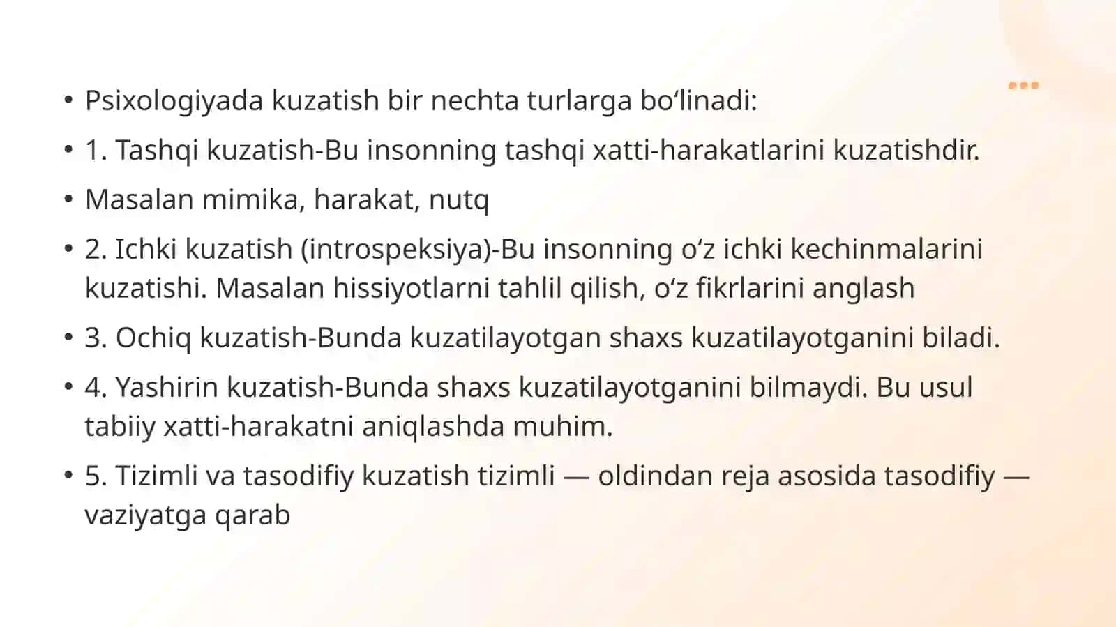 Kuzatish, suhbat va faoliyat mahsulini tahlil qilish, psixologiya metodlari. 4