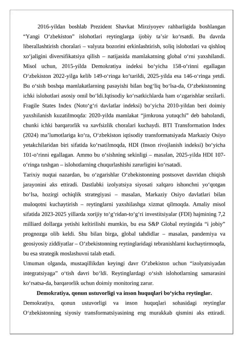O‘zbekistonni xalqaro reytinglardagi ko‘rsatgichlarini ko‘tarishning tarixiy va siyosiy ahamiyati 4