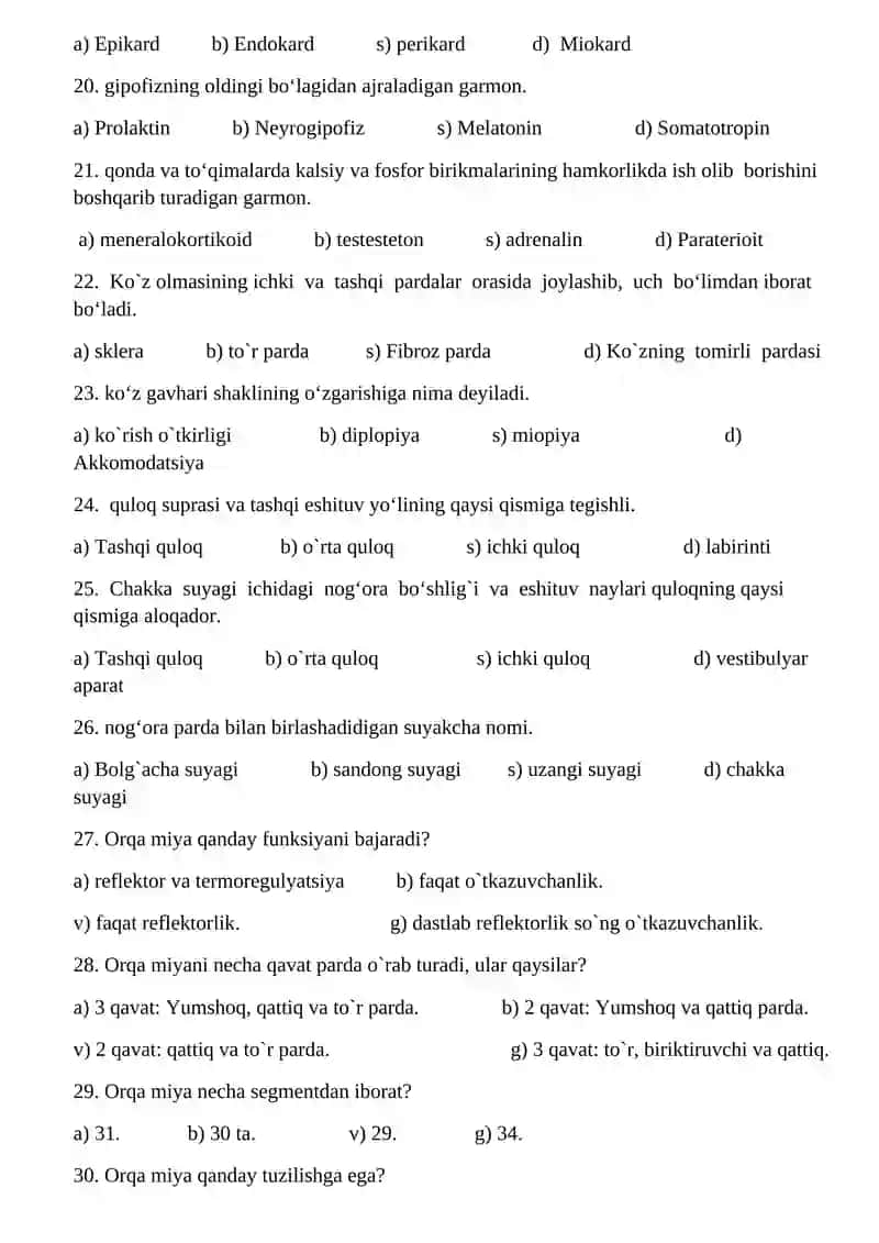 Anatomiya, fiziologiya va patalogiya fanidan II-semestr uchun yakuniy test savollari 4