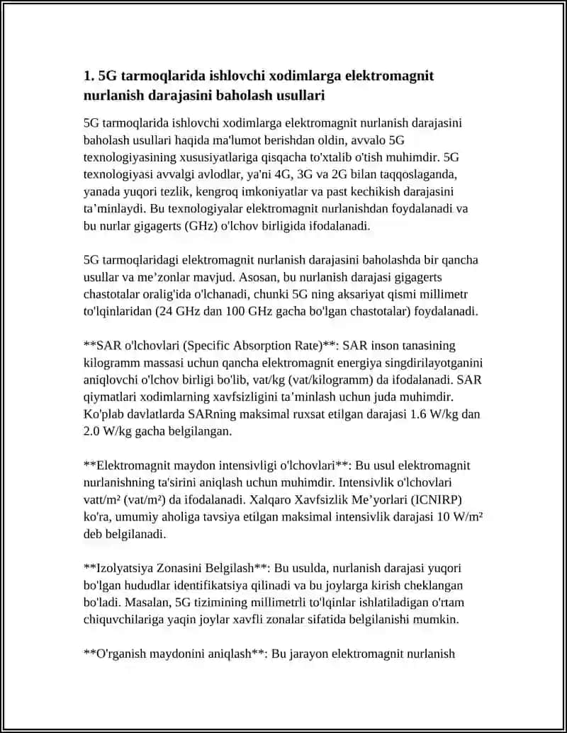5G TARMOQLARI ASOSIDAGI TEXNIK TIZIMLARDA ELEKTROMAGNIT NURLANISHNING XODIMLARGA TA'SIRINI O'RGANISH 4