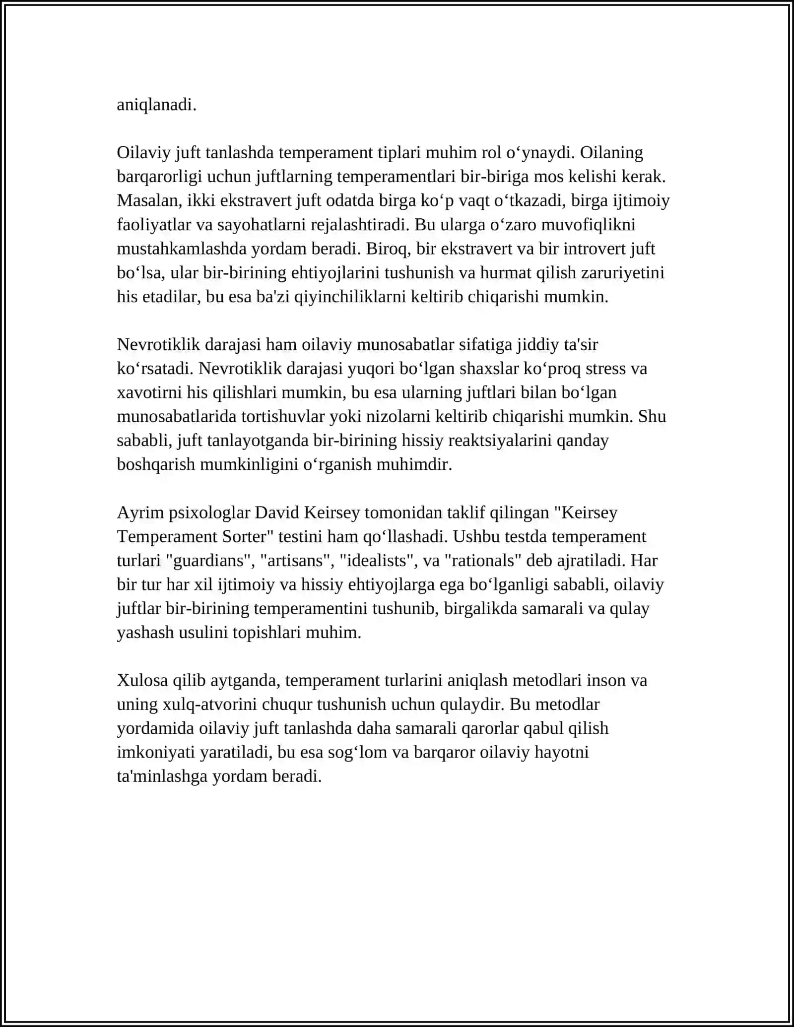 TEMPERAMENT TIPIGA MOS JUFT TANLASH - OILAVIY MUNOSABATLAR MUSTAHKAMLIGI OMILI SIFATIDA 4