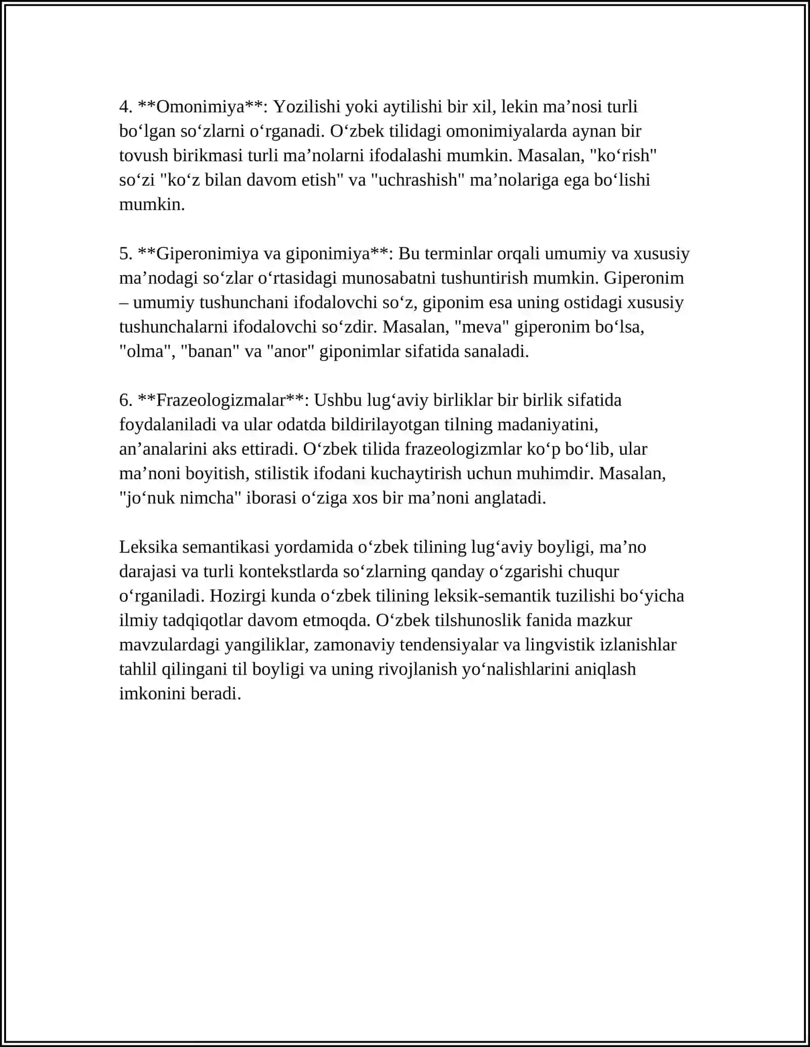 MUSTAQIL ISH Mavzu: LEKSIKOLOGIYADAN BOʻLIMLARI 4