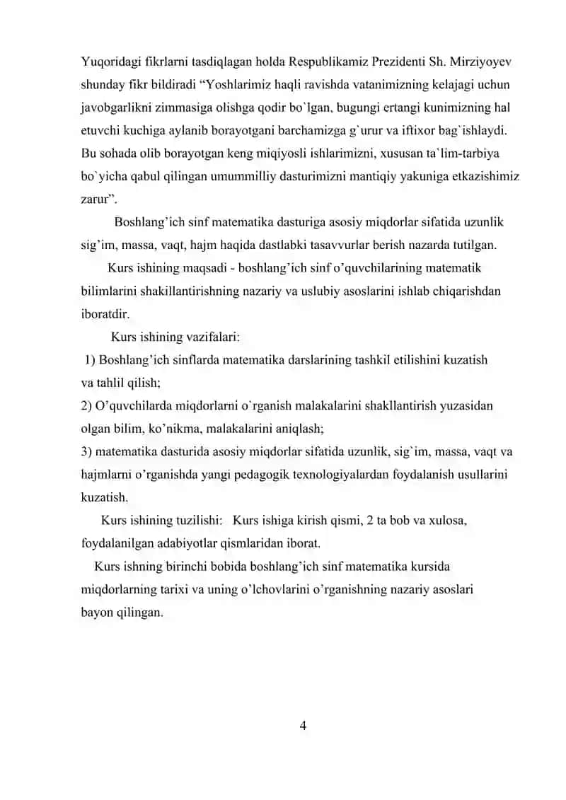 MIQDORLARNI O‘LCHASH, O‘LCHOV BIRLIKLARINING TURLARI ORASIDAGI BOG‘LIQLIKLAR VA ULAR USTIDA (ISMLI SONLAR USTIDA) AMALLAR BAJARISHGA O‘RGATISH METODIKASI 4
